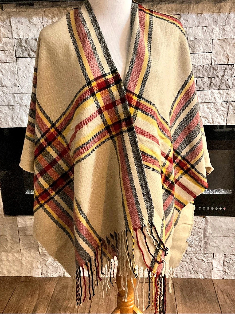 Unbranded Plaid Fringe Wrap in Beige & Red